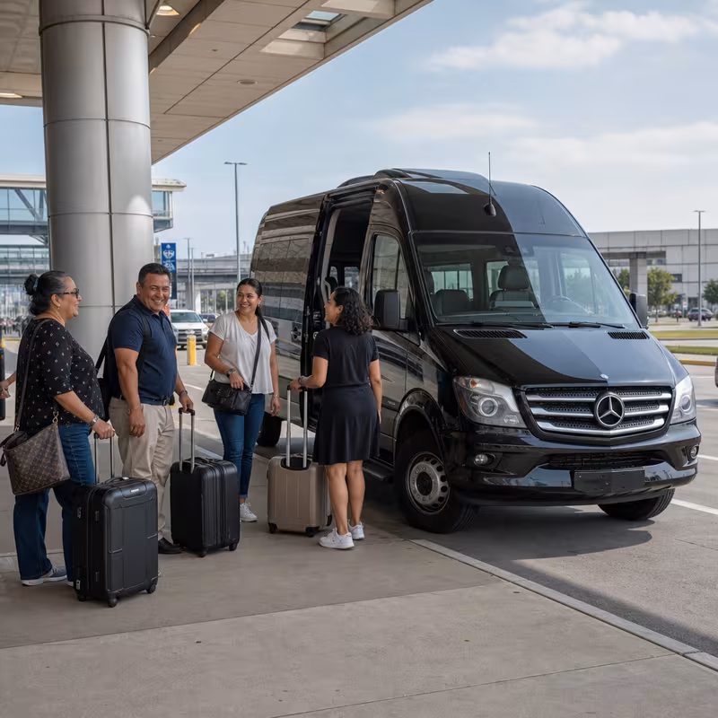 Group boarding a white charter bus for Airport Transportation transportation in Carrollton