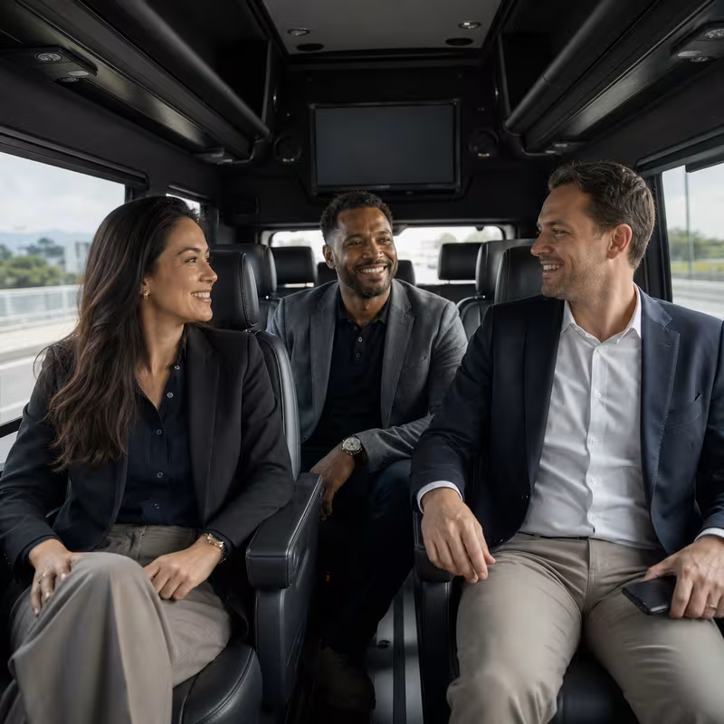 Group boarding a white charter bus for Corporate Transportation transportation in Carrollton