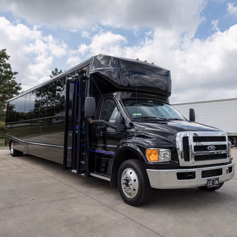 Party bus interior with wraparound leather seating and LED lighting in Carrollton