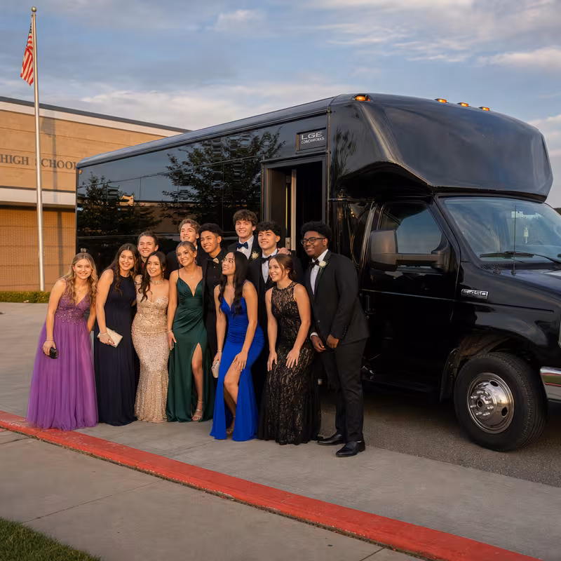 Group boarding a white charter bus for Prom & Homecoming Transportation transportation in Carrollton