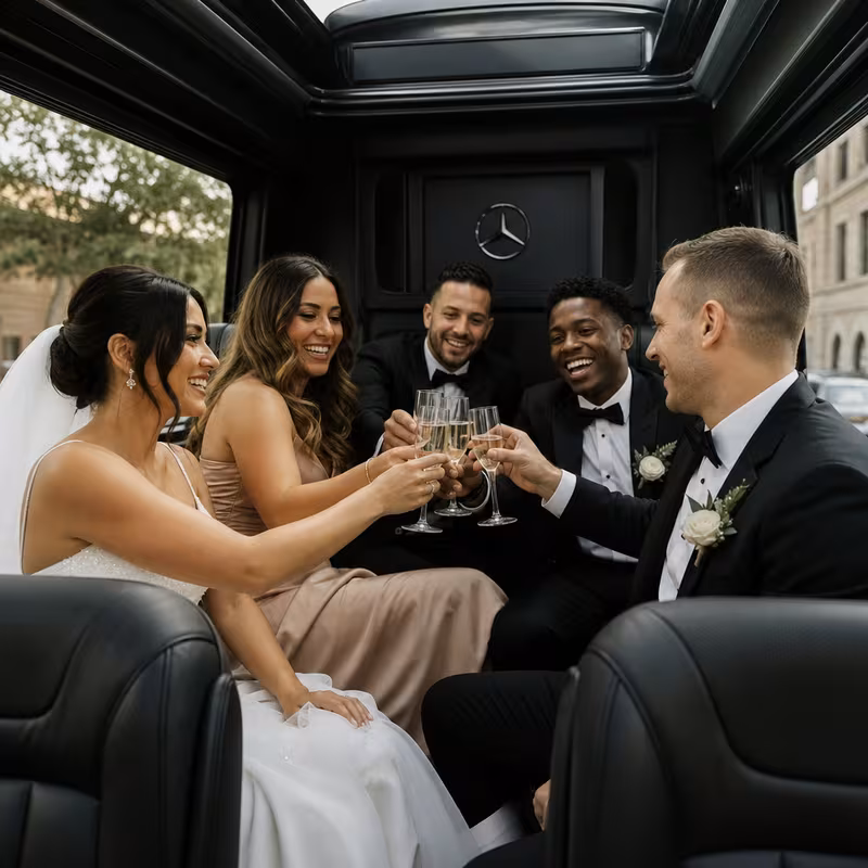 Black Mercedes Sprinter van staged for an Carrollton Wedding Transportation group